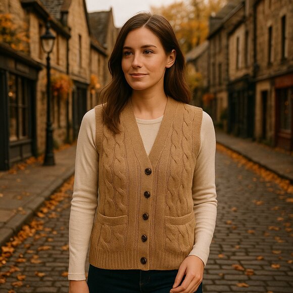 VINTAGE William Lockie of Hawick 100% Pure Camel Hair Cableknit Tan Sweater Vest - Picture 1 of 12